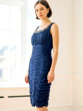 R&M Richards Dark Blue Jeweled Sleeveless Knee Length Evening Dress Size 10 EUC